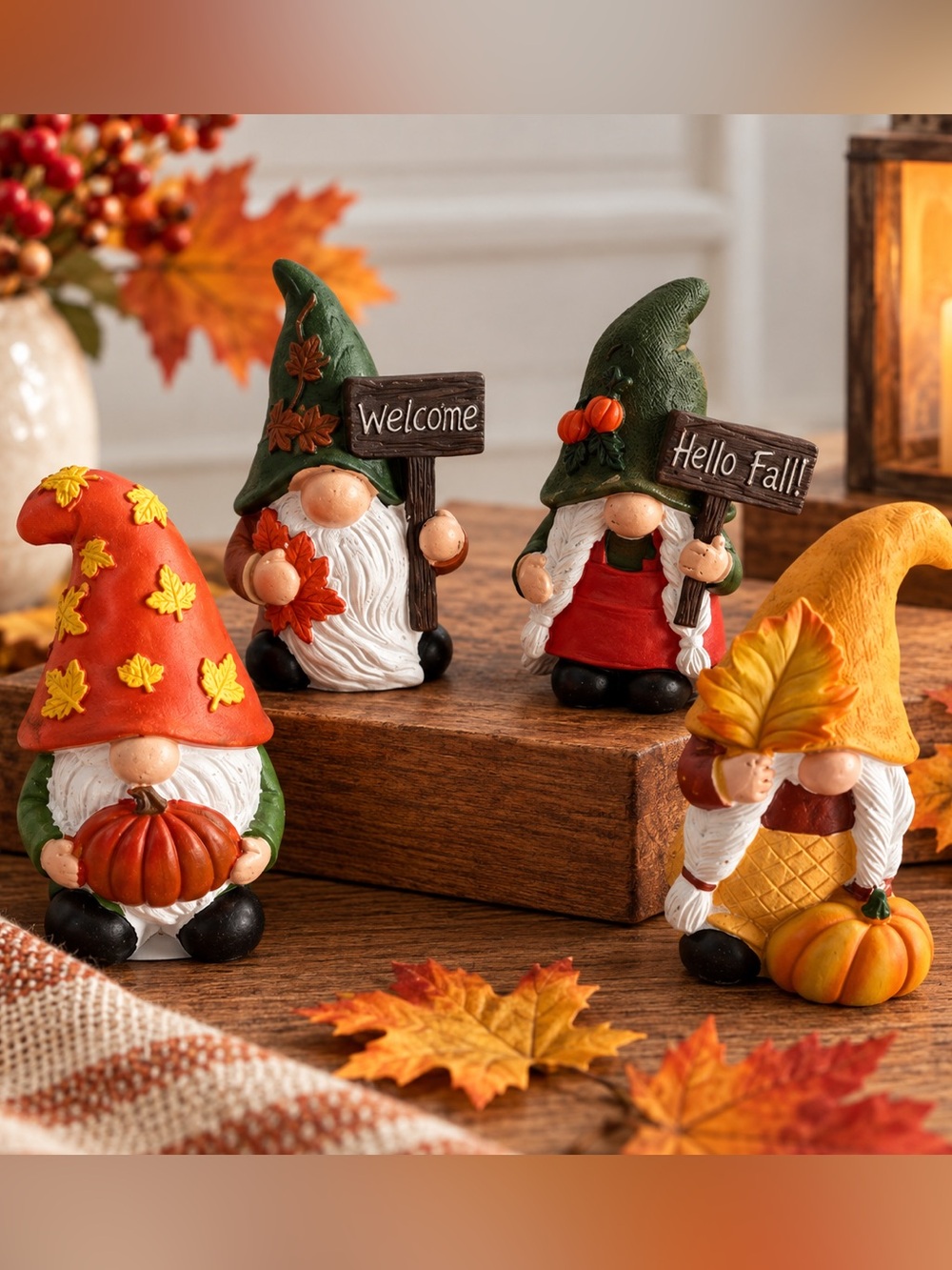 Fall Gnome Figurine 4 piece Set - Orange, Green & Yellow Seasonal Décor. NWOT